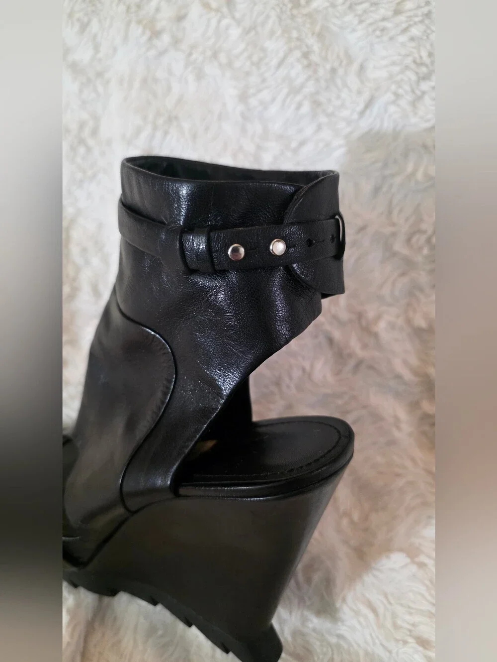 Camilla Skovgaard Black Leather Sawtooth Wedge Sandals Open Toe 39.5